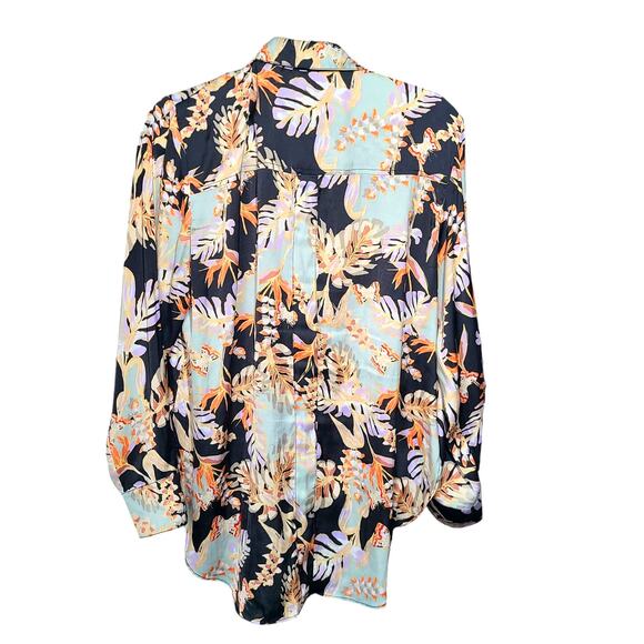 Free People Tropical Satin Blouse L Under the Palms Button-Up Boho Long Sleeve - Picture 6 of 11